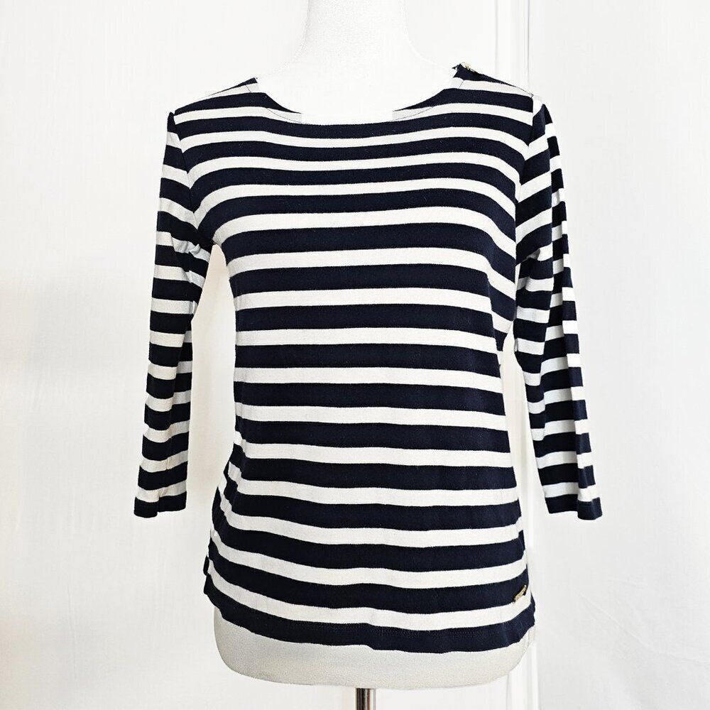 Ellen Tracy Medium White Navy Nautical Coastal 3/4 Sleeve Knit Shirt - Picture 1 of 5